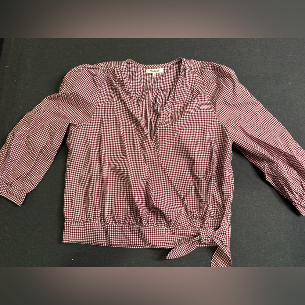 Madewell Burgundy Checkered Wrap Blouse